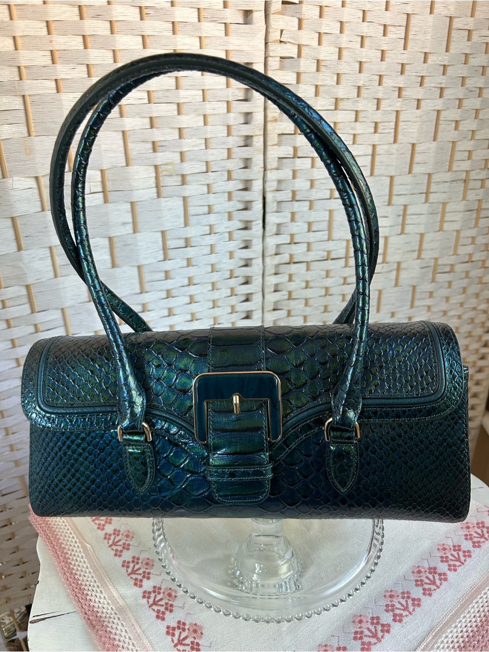 BRAHMIN DAYAN Evergreen Teal KALOPSIA Satchel Bag Purse Faux-Snakeskin Like New